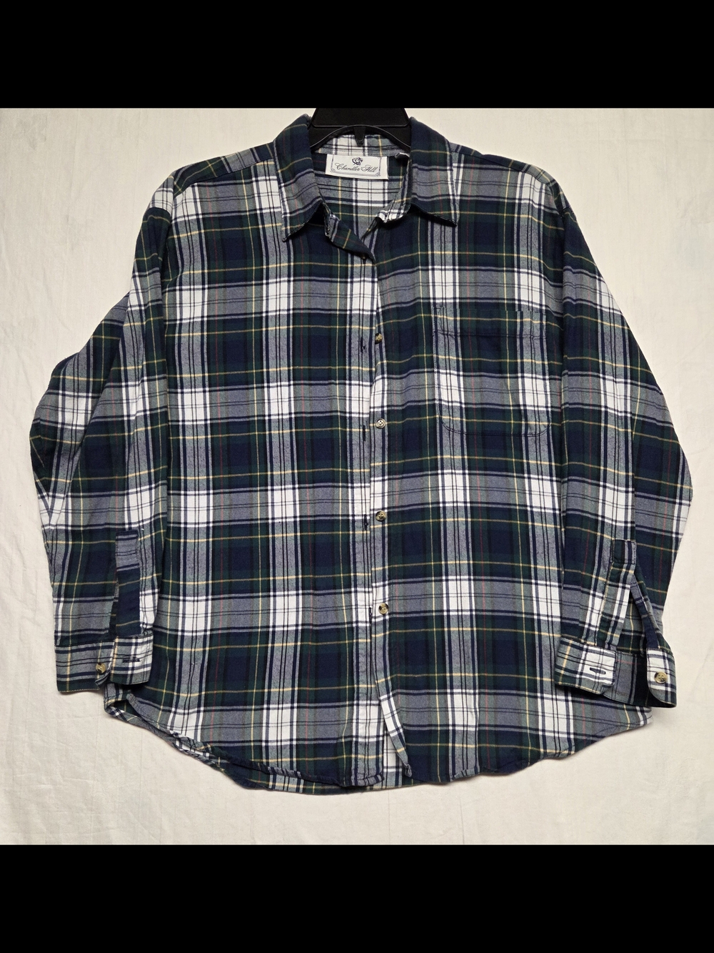 Classic Plaid Button-Down Shirt in Navy and Green Mens Lg